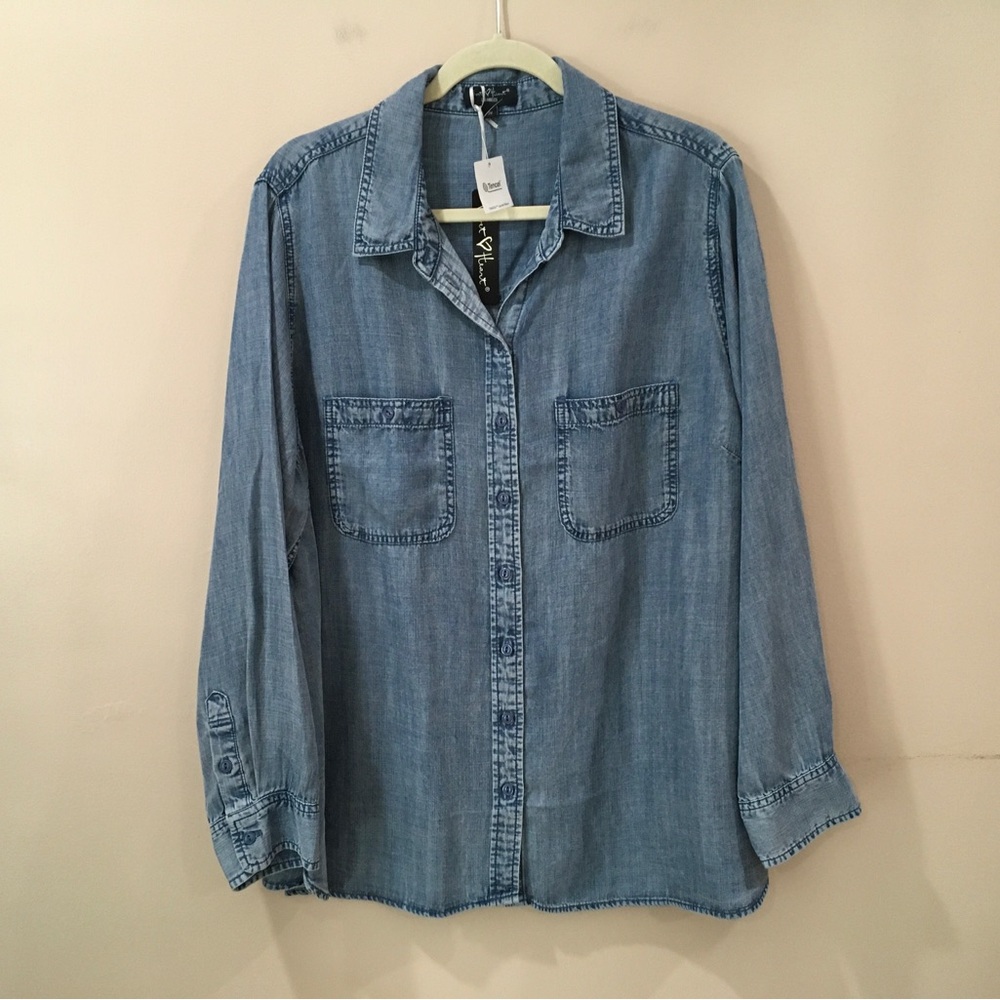 Velvet Heart Women Plus 2X Shirt Tunic Top Tencel  Chambray Blue Coastal New